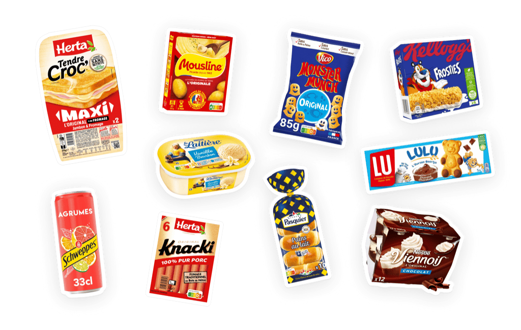 Aliments ultra-transformés courants : biscuits, chips, sodas, céréales, nuggets